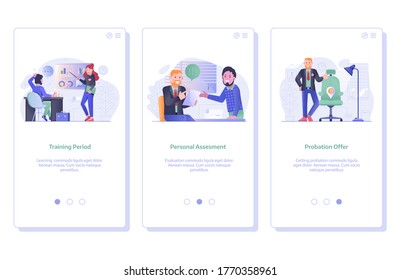 Job Application And Recruitment Steps UI Onboarding Screens For Job Search Mobile App With Employee Work Training Period, Personal Assesment Evaluation And Company Position Probation Offer.