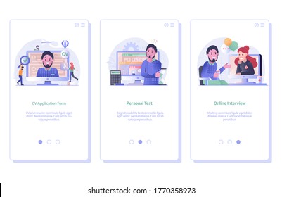 Job application and recruitment steps UI onboarding screens for job search mobile app with employee sending resume form, doing career ability test and passing online interview with recruiter manager.