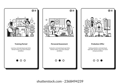 Job application and recruitment steps UI onboarding screens for job search mobile app with employee work training period, personal assesment evaluation and company position probation offer.