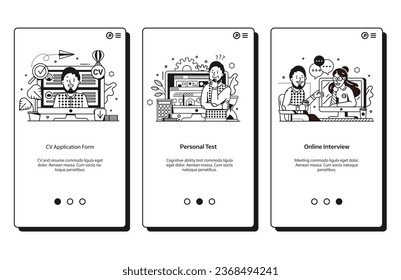 Job application and recruitment steps UI onboarding screens for job search mobile app with employee sending resume form, doing career ability test and passing online interview with recruiter manager.