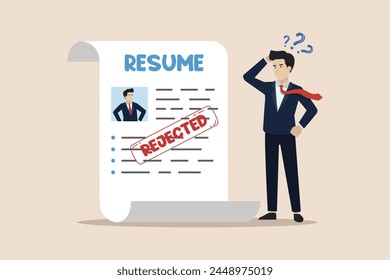 Job application rejected, disqualified or hiring manager rejecting, interview failure concept, sad businessman standing with rejected resume application document.