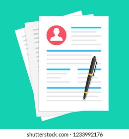 Job Application, Resume, Cv. Document With Man Photo And Pen. Employment, Human Resources, Recruitment Concepts. Flat Design. Vector Illustration