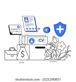 Candidaturas a emprego CVs com símbolos de escudo azul e elementos financeiros em um design equilibrado. Ideal para serviços de carreira de recrutamento gestão de emprego RH e assistência de procura de emprego. Limpeza minimalista