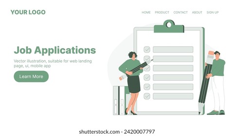 Job Applications. Web Landing Page Design. Flat Cartoon Vector Illustration. Vector illustration, suitable for web landing page, ui, mobile app.