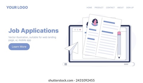Job Applications. Web Landing Page Design. Flat Cartoon Vector Illustration. Vector illustration, suitable for web landing page, ui, mobile app.