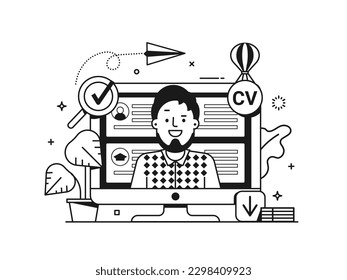 Concepto de empleo con currículum profesional joven y moderno. Creación de currículum o búsqueda de recursos humanos línea ilustración de arte con nuevo formulario de solicitud de trabajo en línea para empleados.