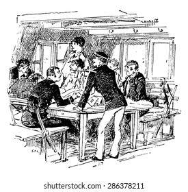 A job aspirants, vintage engraved illustration. Journal des Voyage, Travel Journal, (1880-81).