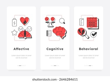 Componentes de atitude de trabalho app móvel onboarding screens. Psicologia do funcionário, comportamento. Rastreamento, monitoramento. Design de interface de usuário plana, realce vermelho com ícones de contorno conceitual