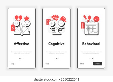 Componentes de atitude de trabalho tela móvel onboarding. Psicologia dos funcionários, rastreamento. Ilustração da interface do usuário do UX. Ícones de estilo de estrutura de tópicos plana com ênfase em vermelho