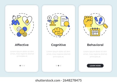 Componentes de atitude do trabalho na tela do aplicativo móvel integrado. Psicologia dos funcionários. Passo a passo 3 passos instruções gráficas editáveis com conceitos lineares. IU, UX, GUI