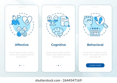 Atitude do trabalho principais componentes tela de aplicativo móvel onboarding azul. Passo a passo 3 passos instruções gráficas editáveis com conceitos lineares. IU, UX, GUI