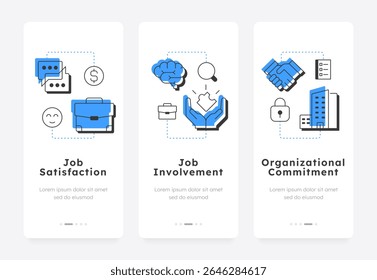 Job attitude mobile app onboarding screens. Teamwork organization. Organizational commitment, business. Flat UI UX design, blue highlight with outline icons conceptual
