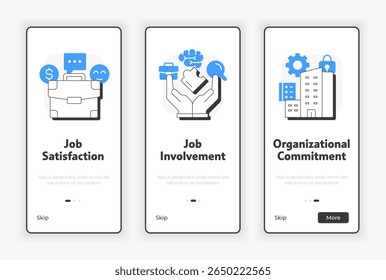 Job attitude mobile onboarding screen. Teamwork organization. Corporate culture. UX UI illustration. Flat outline style icons with blue accent