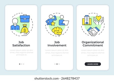 Atitude no trabalho na tela do aplicativo móvel. Organização do trabalho em equipe. Passo a passo 3 passos instruções gráficas editáveis com conceitos lineares. IU, UX, GUI
