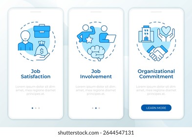 Tipo de atitude de trabalho tela azul do aplicativo móvel onboarding. Salário, regalias. Passo a passo 3 passos instruções gráficas editáveis com conceitos lineares. IU, UX, GUI