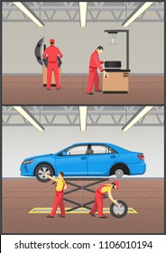 Job with automobile fixing, working people in uniforms repairing vehicle at enlightened garage, auto mechanics work collection, vector illustration