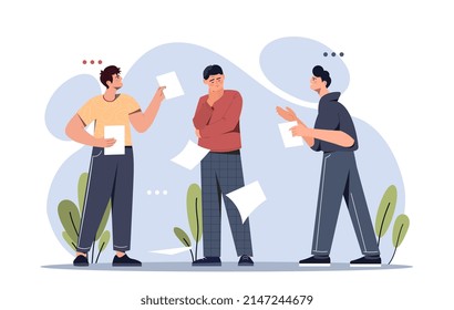 Job Burdens concept. Young confused man surrounded by documents, folders and papers. Employee stressed because of opinions and pressure of colleagues. Hard work, Cartoon flat vector illustration