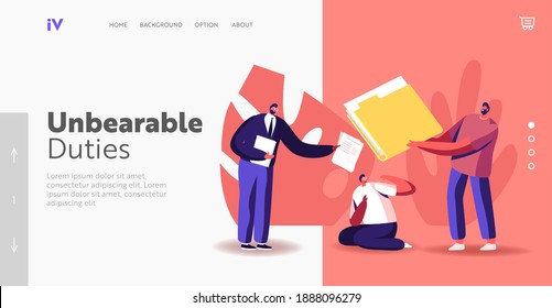 Job Burdens Landing Page Template. Confused Businessman Character Sitting on Ground Pressed with Colleagues Opinion. Businesspeople Giving to Stressed Worker Papers. Cartoon People Vector Illustration