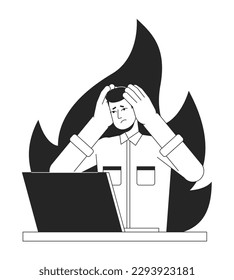 Job burnout bw concept vector spot illustration. Stressed employee with laptop at work 2D cartoon flat line monochromatic character for web app UI design. Exhaustion editable outline hero image