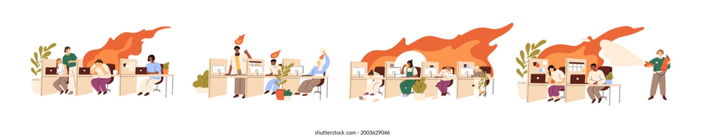 Job burnout concept. Set of people with professional crisis and career problems, feeling depressed and lack of energy. Unhappy burned out workers. Flat graphic vector illustrations isolated on white.