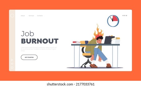 Job Burnout Landing Page Template. Overloaded Worker Deadline Stress. Burned Down Businessman in Depression Sitting at Office Desk with Heap of Paper Documents and Laptop. Cartoon Vector Illustration