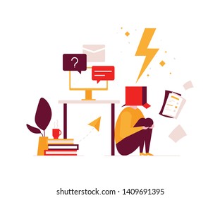 Job burnout - modern flat design style illustration. An unusual composition with a tired office worker with a box on his head, having too much work, hiding under the table. Stress at work concept