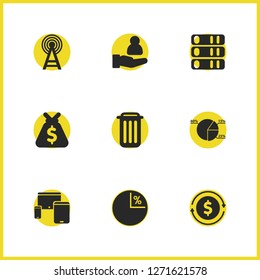 Job business icons set with basket, pie chart and diagram elements. Set of job business icons and storage concept. Editable vector elements for logo app UI design.