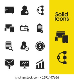 Job business icons set with calendar time, search by document and business technical elements. Set of job business icons and sending mail concept. Editable vector elements for logo app UI design.