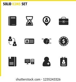 Job business icons set with notepad, hourglass and pie chart elements. Set of job business icons and suitcase concept. Editable vector elements for logo app UI design.