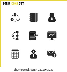 Job business icons set with setting, desktop statistic and letter money elements. Set of job business icons and approved file concept. Editable vector elements for logo app UI design.