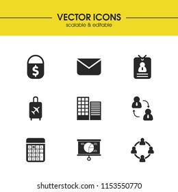 Job business icons set with team business, reset person and airplane flight elements. Set of job business icons and infographic concept. Editable vector elements for logo app UI design.