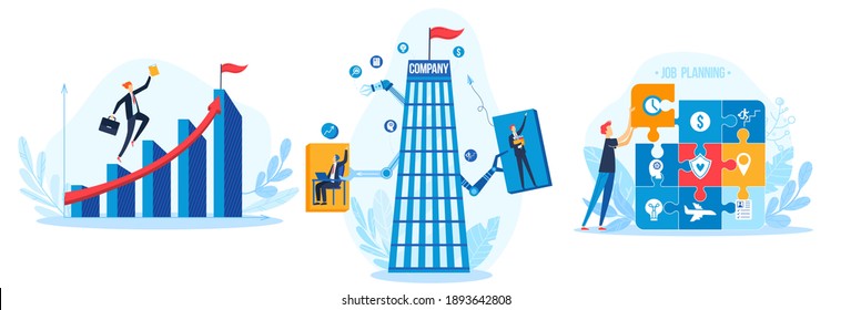 Job, business success, office workers and business people work planning set of vector illustrations. Time management and planning on the road to success. Career, achievement.