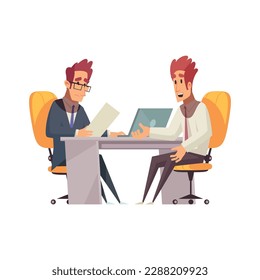 Job candidate being interviewed by disappointed recruiter looking at his cv cartoon vector illustration