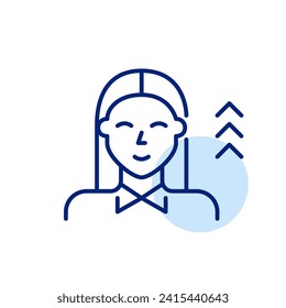 Candidato a empleo que desarrolla nuevas habilidades. Promoción del trabajo. Mujer inteligente con camisa formal. Icono perfecto de píxeles
