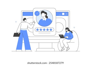 Job candidate having interview with HR manager. Job recruitment process. Online Job Interview. Recruitment Agency. Remote Work. Flat Cartoon Vector Illustration, icon. Stylish Abstract Modern