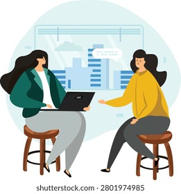Job candidate interview human resources illustration featuring an HR manager interviewing a job applicant during the recruitment process. Ideal for hiring, talent acquisition, employee selection, corporate recruitment, and career opportunities.