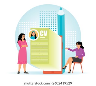  A job candidate presenting their CV to a recruiter, symbolizing professional recruitment, interview preparation, and employment opportunities.Human resources concept. flat vector illustration