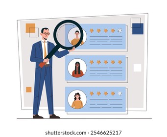 Job candidate search. Man with magnifying glass evaluates workers and candidates at vacancy. Hiring and recruitment, performance. Flat vector illustration isolated on white background