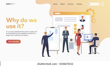 Job candidate selection. Profile, CV, interview, text sample. Recruitment agency concept. Vector illustration for presentation, landing pages, website homepages