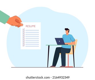 Job candidate sitting at desk and huge hand holding resume. Job application with checked checkboxes flat vector illustration. Employment, job search, career concept for banner or landing web page