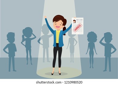 Job candidate won and stand in spotlight,caucasian female and paper page with red stamp -hired, human resource recruitment concept,silhouettes of different people,flat vector illustration