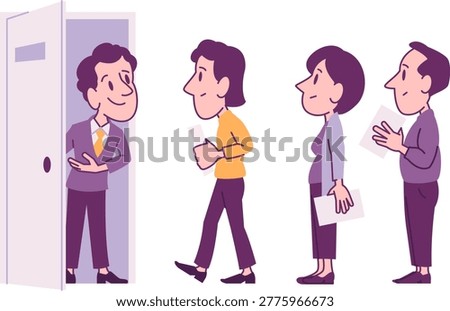 Job candidates waiting in line for interview at office door.