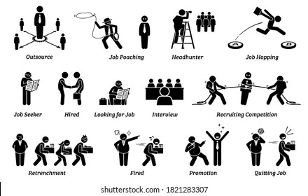 Job career and employment icons set. Vector illustrations concept of people looking for job, recruiters searching for talent, and employer with employee stick figures. 