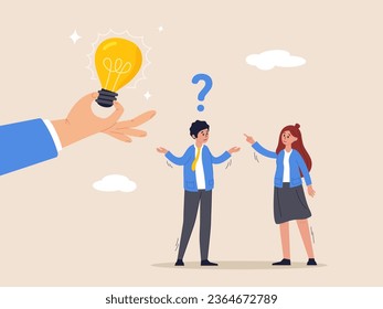 Job and career path concept. Business problem, idea, decision making and solution, confusing businessman stand with question mark sign then helping hand put half of lightbulb lamp for bright solution.