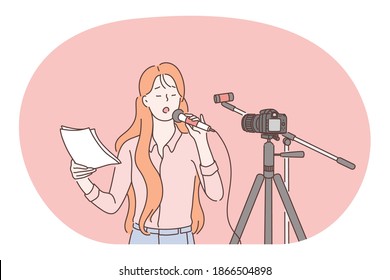 Job, career, woman working in media concept. Young woman journalist standing in front of camera and making reporting with microphone and papers. Job specialist, working sphere illustration
