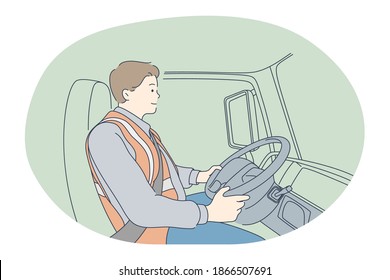 Job, career, working as driver in purlin transport concept. Young smiling man professional driver cartoon character in uniform driving bus or truck. Job, specialist, working sphere illustration 