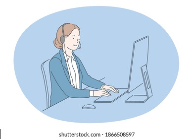 Job, career, working in office concept. Young woman call center operator specialist on headphones working with online calls in office. Job specialist, working sphere illustration