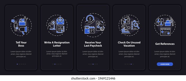 Job change checklist onboarding mobile app page screen with concepts. Resignation walkthrough 5 steps graphic instructions. UI, UX, GUI vector template with linear night mode illustrations
