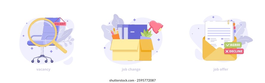 Job change and recruitment process concept. Flat icon set with characters for landing page. Vector illustration collection for website, banner, print.