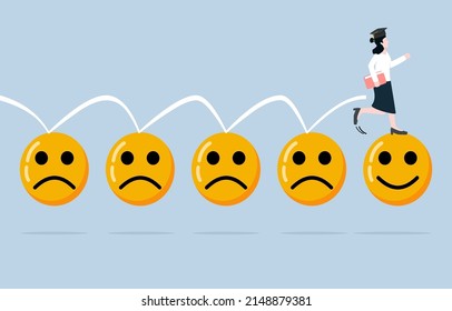 Job changing in short time of new generation graduates, finding passionate job, searching new workplace with positive vibe concept. New graduate woman jumping on many unhappy face to joyful face.